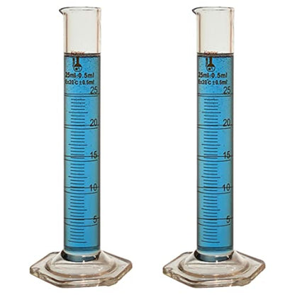 25ml Graduated Cylinder, Borosilicate 3.3 Glass, Single Metric Scale, Class B, Karter Scientific 246G7 (Pack of 2) - size: 25ml, style: Pack of 2