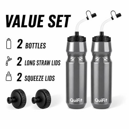 QuiFit Lacrosse Water Bottle with Long Straw -32oz Hockey Water Bottle 2 Pack with 2 Lids Each- BPA Free Squeeze Sports Water Bottles, Leakproof Dishwasher Safe- for Helmet,Lacrosse (Gray) - color: Gray
