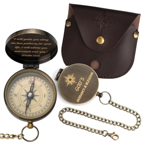 God's Guide & Blessing Compass, Trust in The Lord Compass, Wood Box Greeting, Inspirational Gift Men, Christian Boys Baptism Gifts, Graduation Day with Wooden Box - color: 3.Bronze GOD's Guide & Blessing PU Leather