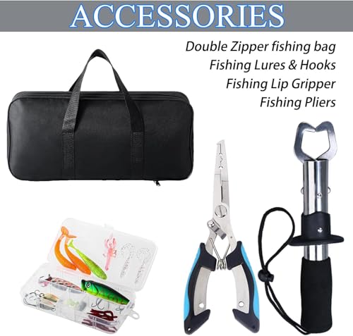 Tripquips Fishing Rod and Reel Combo with Fishing Net, 6.9ft Telescopic Fishing Pole Kit with Fishing Pliers, Lip Gripper, Fishing Lures,Pre-Loaded Spinning Reel Combo - color: Green
