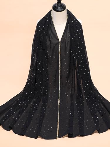 Geyoga Hijab Scarf for Women Soft Chiffon Rhinestone Long Scarf Shawl Fashion Muslim Hijab Head Wrap Scarves - color: Black