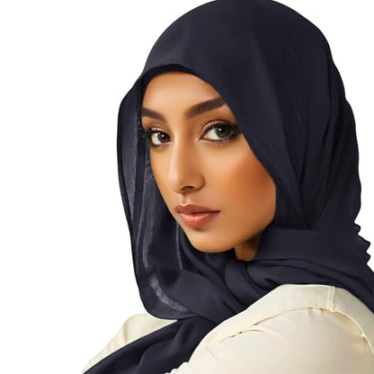 Viscose Hijab Scarf for Women Muslim Cotton Jersey Hijab Fashion Long Scarf Shawls - color: Navy Blue