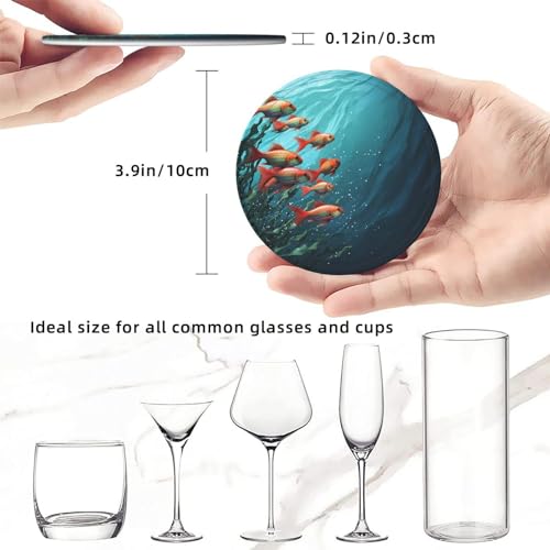 Coasters for Drinks Set of 6 Leather Drinks Coasters with Holder Round Cup Mat Pad Fish Aquarium Decorative Coffee Cup Beverage Coasters for Tabletop Protection Home Decor