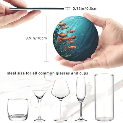 Coasters for Drinks Set of 6 Leather Drinks Coasters with Holder Round Cup Mat Pad Fish Aquarium Decorative Coffee Cup Beverage Coasters for Tabletop Protection Home Decor