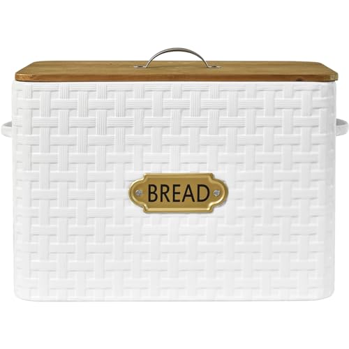 EMAX HOME Extra Large Space Saving Farmhouse Bread Box With Wood Lid - Vertical Breadbox Bread Storage Bin Holder for Kitchen Countertop, White - color: Weaving embossing