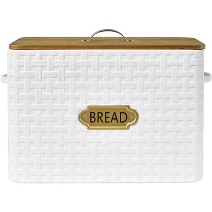 EMAX HOME Extra Large Space Saving Farmhouse Bread Box With Wood Lid - Vertical Breadbox Bread Storage Bin Holder for Kitchen Countertop, White - color: Weaving embossing