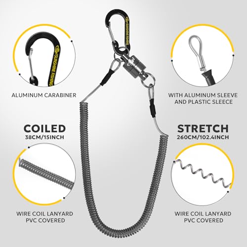 SF Strongest Magnetic Net Release Magnetic Keychain Fly Fishing Net Retractor Magnet Clip Holder Retractor with Retractable Coiled Lanyard Carabiner - color: Gunmetal Magnet+ Black Aluminum Alloy Hook