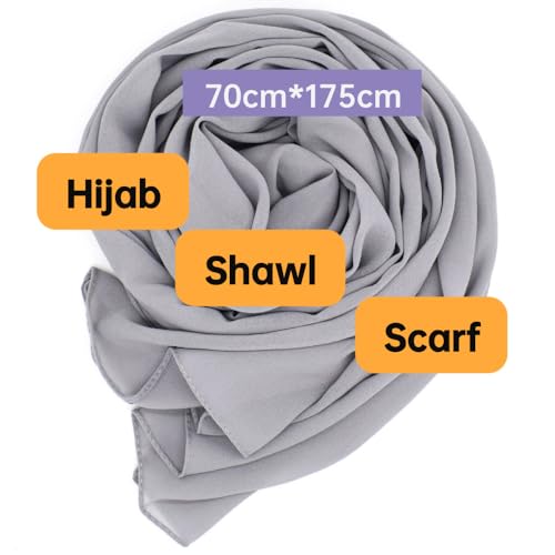 Chiffon Scarf for Women Lightweight Breathable Sunscreen Soft Solid Hijab Scarf for Daily & Muslim Wear - color: Gray Chiffon Scarf