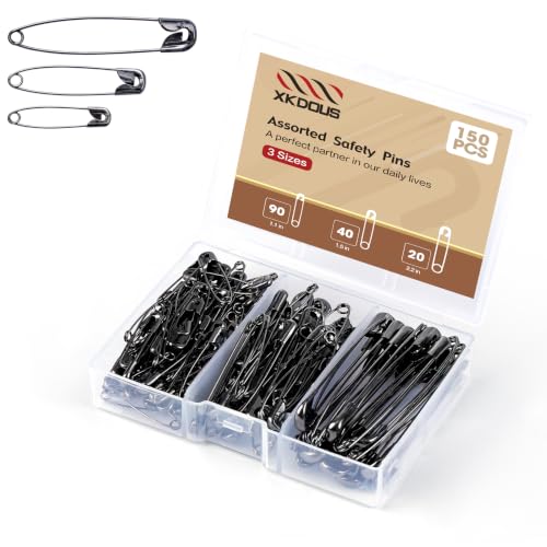 XKDOUS 150 Pack Safety Pins for Clothes 3 Universal Assorted Sizes, Black - color: Black, size: Assorted Sizes - Small & Large (150 Pcs)