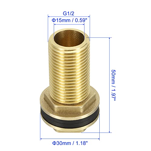 M METERXITY Bulkhead Fitting - Water Tank Connector, Brass Threaded Fitting Adapter with 2 Rubber Gasket, Apply to Outdoor/Garden/Pools(G1/2 Male) - size: G1/2