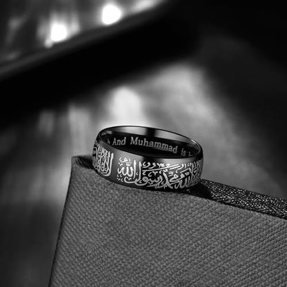 Hipunk Stainless Steel Islamic Muslim Shahada Ring - Mohammad Arabic Letter Rings Band Prayer Religious Calligraphy Ayatul Kursi Allah Rings Eid Ramadan for Men Women Size 9-12 - color: Black