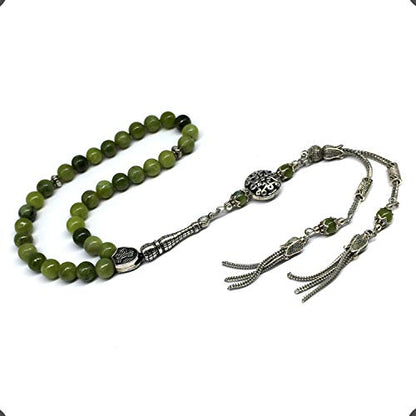 Design -Latest Models New Long & Stylist Tassels Worry Beads - Prayer Beads (8 mm-33 Beads) Tesbih-Tasbih-Tasbeeh-Misbaha-Masbaha-Subha-Sebha-Sibha-Rosary (Green Jade Stone - Twin Tassel) - color: Green Jade Stone - Twin Tassel
