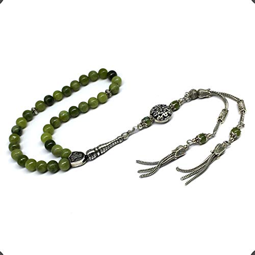 Design -Latest Models New Long & Stylist Tassels Worry Beads - Prayer Beads (8 mm-33 Beads) Tesbih-Tasbih-Tasbeeh-Misbaha-Masbaha-Subha-Sebha-Sibha-Rosary (Green Jade Stone - Twin Tassel) - color: Green Jade Stone - Twin Tassel