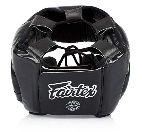 Fairtex Full Head Guard, Muay Thai MMA Sparring Helmet Protective Headgear | Handcrafted 3-layer padding shell. Lightweight sleek construction shields against elbows during high-intensity ring session - color: HG13 Black Lace-up, size: Medium