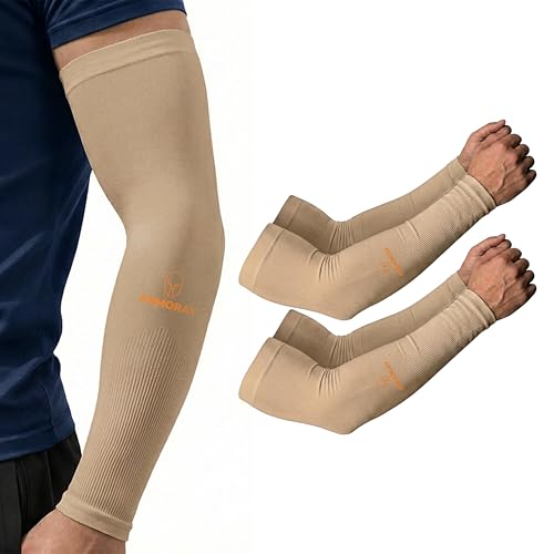 ARMORAY Arm Sleeves for Men and Women - UV Sun Protection Cooling Compression - Tattoo Cover Up Sleeve for Daily Wear & Work - color: Beige ( 2 Pairs)
