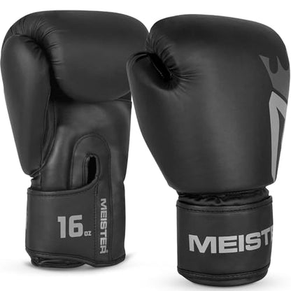 Meister [Critical] Boxing Gloves - Ergonomic High-Density Training Gloves | Pre-curved hand cage fits on day one, triple-layer impact foam, wide full-length wrist strap, matte EcoHide leather - style: 16 Ounce Gloves - Matte Black