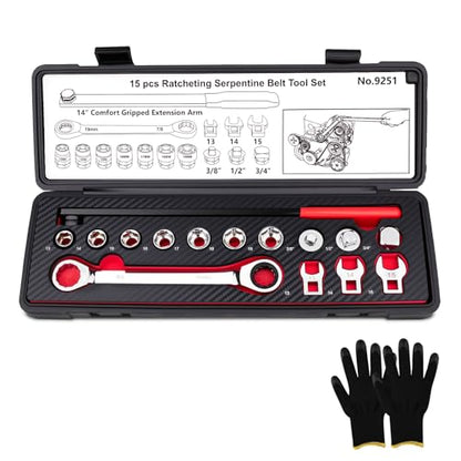 15PCS Serpentine Belt Tool Kit for Belt Removal & Installation | Professional Serpentine Belt Tensioner Tool Kit with Ratcheting Wrench, 13-19mm Sockets, Crowfoot Wrenches, CR-V Steel