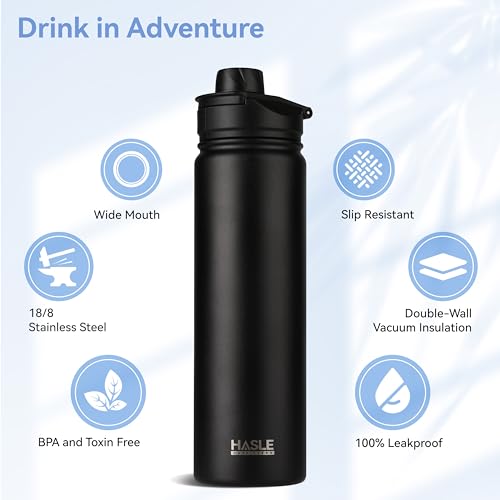 HASLE OUTFITTERS Insulated Water Bottle 22 oz Double Wall Stainless Steel Water Bottle Wide Mouth with Straw Lid & Spout Lid Keeps Cold or Hot(Black,8) - color: Black, size: 22oz- 8 Pack