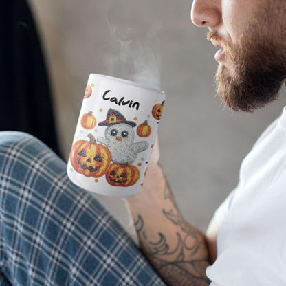 Personalized Sparkling Halloween Stickers Full Wrap Mug, Customized Name Coffee Cup 11oz 15oz, Customized Halloween Ghost And Pumpkin Ceramic Mug, Festive Autumn White Cup For Family - color: XUA-1124-3651-Halloween Mug