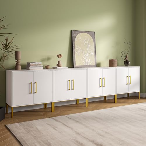 4 Set of Storage Buffet Cabinet with Gold Handles and Metal Legs, White丨Freestanding Sideboard, Modern Wooden Side Cabinets for Bedroom, Living Room, Kitchen, Office and Hallway - color: White, size: 4PC
