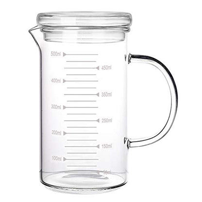 500ml Glass Measuring Cup with Lid Heat Resistant Handle Measured Mixing Glass Mug Clear Scale V-Shaped Spout for Milk Coffee Liquid Beaker Drinking Glasses Measure Jugs, Microwave Oven Freezer Safe - color: 500ml, with lid