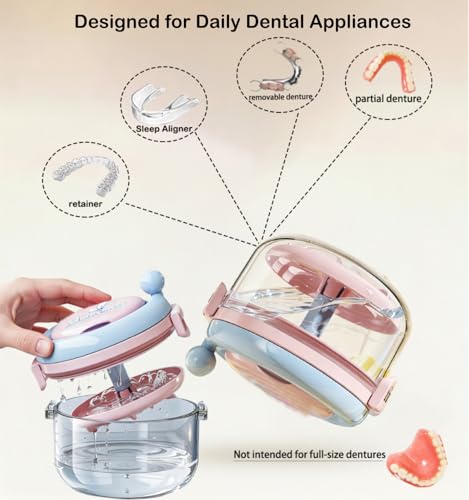 Denture Bath Cup，Retainer Cleaner Case Box,Night Mouth Guard Case Holder,Storage Soak Container with Drain Tray for Travel Cleaning with Mirror and Brush (Pink&Blue) - color: Pink&Blue