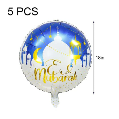 5 Pcs Eid Mubarak Balloons Ramadan Decorations, Round Eid Mubarak Balloons for Muslim Ramadan Kareem Party Decor
