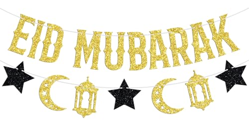 Eid Mubarak Banner, Umrah Mubarak Festival Party Decorations, Muslim Islam Eid al-Fitr Party Decorations Supplies Gold and Black Glitter
