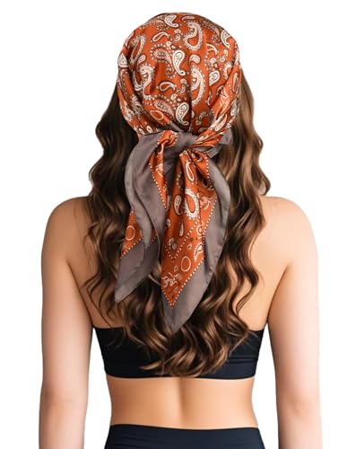 Sumolux Head Hair Scarf for Women Like Satin Silk Scarf Bandana Hair Wrapping Night Large Square Scarves 27.5" - color: Brick Red Cashew Nuts