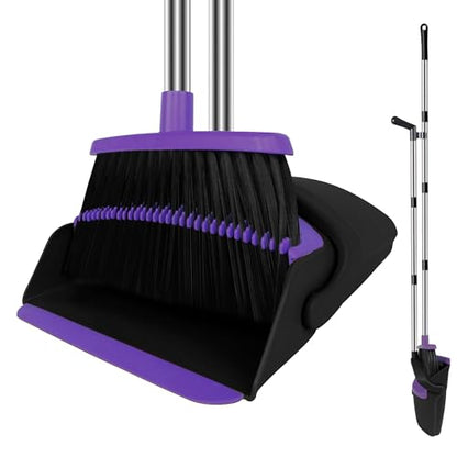 Broom and Dustpan Set, Upright Purple Broom with Dustpan Combo Set 51" Long Handle, Self Cleaning Dust Pan for Home, Kitchen and Office - color: Purple, size: Standard