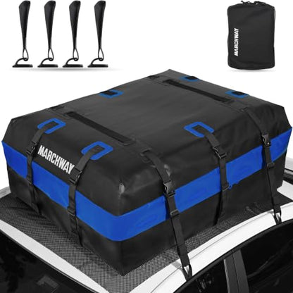 MARCHWAY Waterproof Car Roof Luggage Bag, Weatherproof Soft Shell Rooftop Cargo Carrier Bag for Vehicles with or Without Rack. 6 Door Hooks, Anti Slip Mat, Lock Included (21 Cubic Feet, Blue) - size: 21 Cubic Feet, Blue
