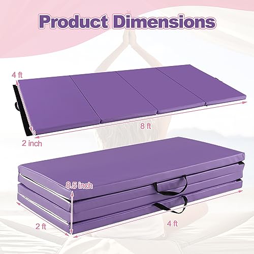 Goplus Gymnastics Mat, Folding Tumbling Mat with Carry Handles, Hook & Loop Fasteners, 4 Panels for Fitness Exercise Yoga Stretching Aerobics Workouts, Thick Gym Mats for Home - color: Purple