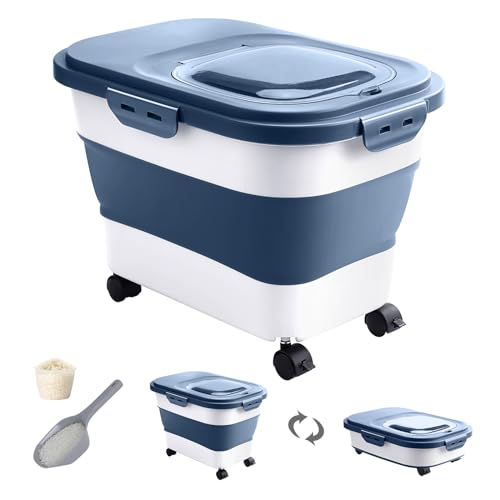 20-30 Lbs Rice Storage Container,Collapsible Food Storage Container | Flour Storage Container with Wheels Airtight Locking Lid,Rice Container Double Seal,Keep Fresh for Pet Food,Rice,Flour - color: Dark Blue/20-30LBS