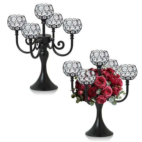 5 Arm Metal Crystal Candelabra Centerpiece - 13.4 Inch Elegant Candle Holder with Crystal Beads for Wedding Party Christmas Home Dining Table Decoration (2, Black) - color: Style-a-black