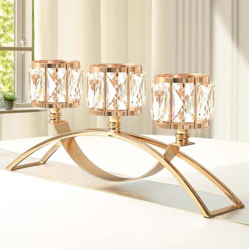 3 Arms Crystal Candle Holders, Arch Candlestick Table Candelabras Centerpieces for Wedding, Dinning Room, Cabinet Ornaments, Home Decoration， Gift (3-arm Arched, Gold) - color: Gold, size: 3-arm arched (single)
