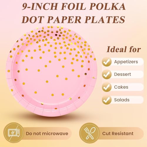 150 PCS Pink and Gold Paper Plates Napkins Forks Party Supplies Serves 50, Golden Dot Disposable Paper Dinnerware 9" Plates for Birthday, Bachelorette, Girl Birthday, Baby Shower - color: Pink Gold (Serves 50)