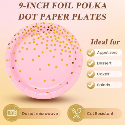 150 PCS Pink and Gold Paper Plates Napkins Forks Party Supplies Serves 50, Golden Dot Disposable Paper Dinnerware 9" Plates for Birthday, Bachelorette, Girl Birthday, Baby Shower - color: Pink Gold (Serves 50)