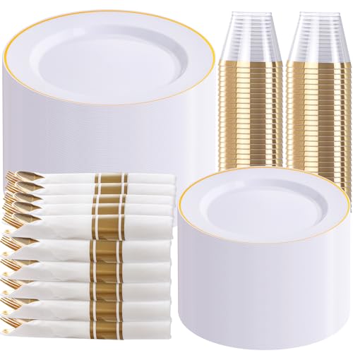 SUT 350 Pcs Gold and White Plastic Dinnerware Set for 50 Guests, Include: 50 Dinner Plates, 50 Dessert Plates, 50 Pre Rolled Napkins With Silverware, 50 Cups, Disposable Plates for Party, Wedding - color: White Gold, size: 350PCS