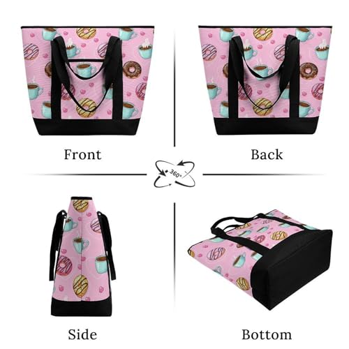 SWEET TANG Soft Cooler Bag, Large Reusable Insulated Grocery Bag with Zipper Top, Travel Tote for Hot or Cold Food (Coffee Donuts Pink) - color: Pattern 85