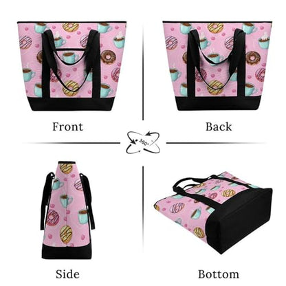 SWEET TANG Soft Cooler Bag, Large Reusable Insulated Grocery Bag with Zipper Top, Travel Tote for Hot or Cold Food (Coffee Donuts Pink) - color: Pattern 85