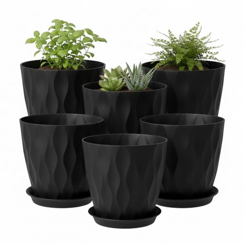 6 Pack 8 Inch Plastic Plant Pots with Drainage Holes and Trays, Black | Planters for Indoor & Outdoor Plants, 3D Water Ripple Texture, Decoration Flower Pots for Garden Home - color: Black