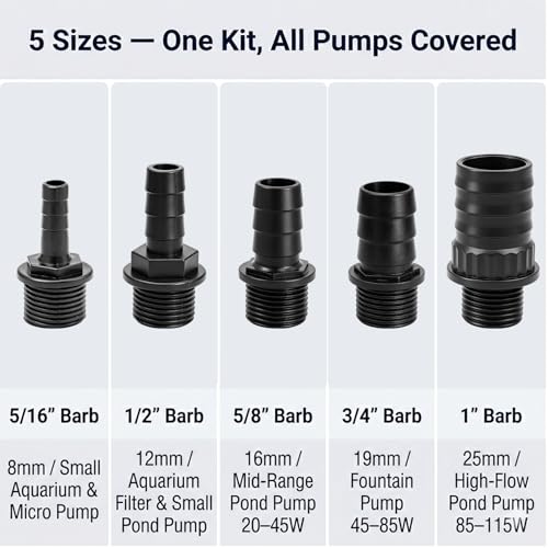Hose Barb Fitting Set for Submersible Pump, 5PCS G1/2" Male Thread to 5/16" 1/2" 5/8" 3/4" 1" Barb Adapter Kit, PP Plastic Pump Outlet Connector for Pond Fountain Aquarium Hydroponics Water Feature