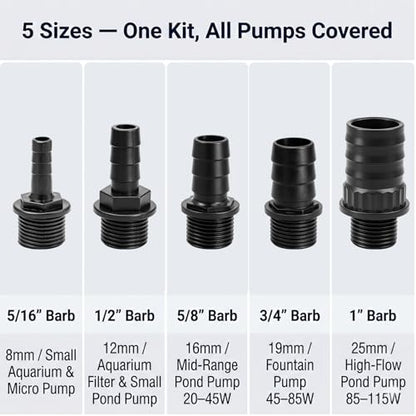 Hose Barb Fitting Set for Submersible Pump, 5PCS G1/2" Male Thread to 5/16" 1/2" 5/8" 3/4" 1" Barb Adapter Kit, PP Plastic Pump Outlet Connector for Pond Fountain Aquarium Hydroponics Water Feature