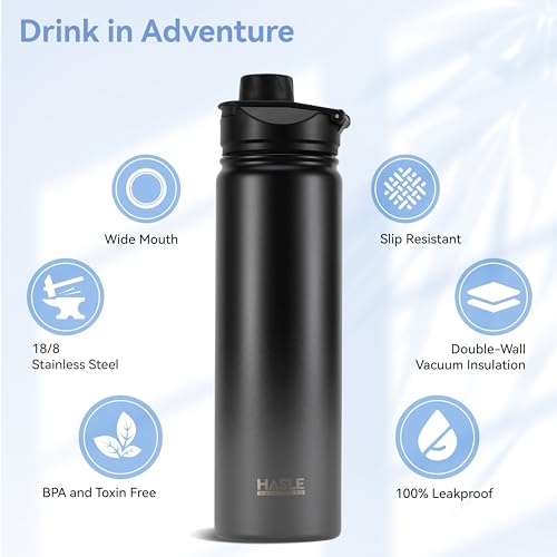 HASLE OUTFITTERS Insulated Water Bottle 22 oz Double Wall Stainless Steel Water Bottle Wide Mouth with Straw Lid & Spout Lid Keeps Cold or Hot(Black Gray Gradient,1) - color: Black Gray Gradient, size: 22 Ounces