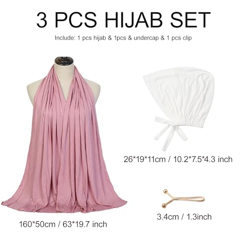 Hijab Scarf for Women, 3PCS Set with Undercap and Hijab Clip Lightweight Modal Muslim Head Wrap Scarf for Daily - color: Sy21-pink Hijab+white Undercap
