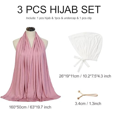 Hijab Scarf for Women, 3PCS Set with Undercap and Hijab Clip Lightweight Modal Muslim Head Wrap Scarf for Daily - color: Sy21-pink Hijab+white Undercap