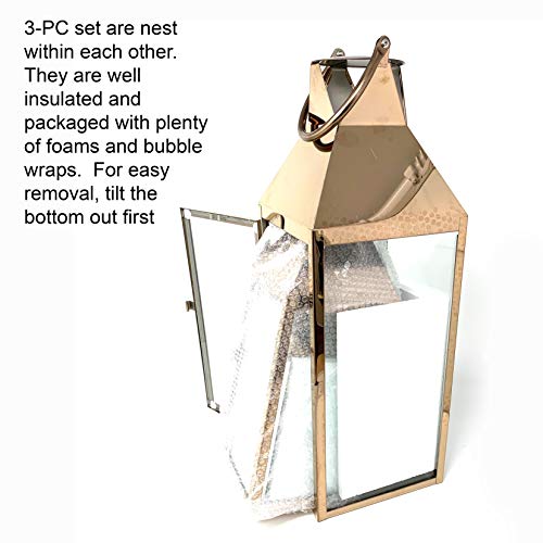 Allgala 3-PC Lantern Set 24 Inch Jumbo Deluxe Modern Indoor/Outdoor Candle Lantern Set Rose Gold Stainless Steel Frame Tempered Glass Pyramid Top for Garden Poolside Fireplace Wedding - color: Pyramid Top Rose Gold
