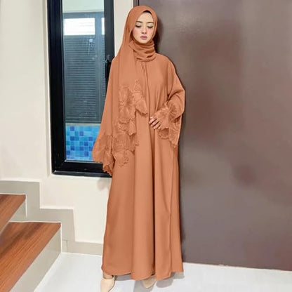 Prayer Clothes for Muslim Women Long Sleeve One-Piece Islamic Prayer Dress O Neck Slim Fit Islamic Evening Gown - color: Beige, size: Large