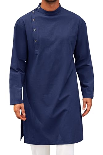 Runcati Mens Kaftan Thobe Robe Long Sleeve Muslim Gown Kurta - color: Navy, size: X-Large