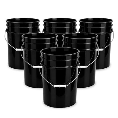 5 Gallon Bucket - Food Grade Bucket BPA-Free, Black, 6 Packs | Metal Handle Grip, Heavy-Duty 90 Mil HDPE Plastic Pail, Food Safe Stackable Utility Container, Lid Not Included, Made in USA - color: Black, size: 6 Packs